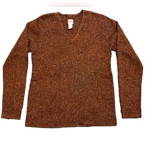 CHICOS Women’s 2 Gold Glitter Brown V-neck Sweater Pullover Holiday Christmas